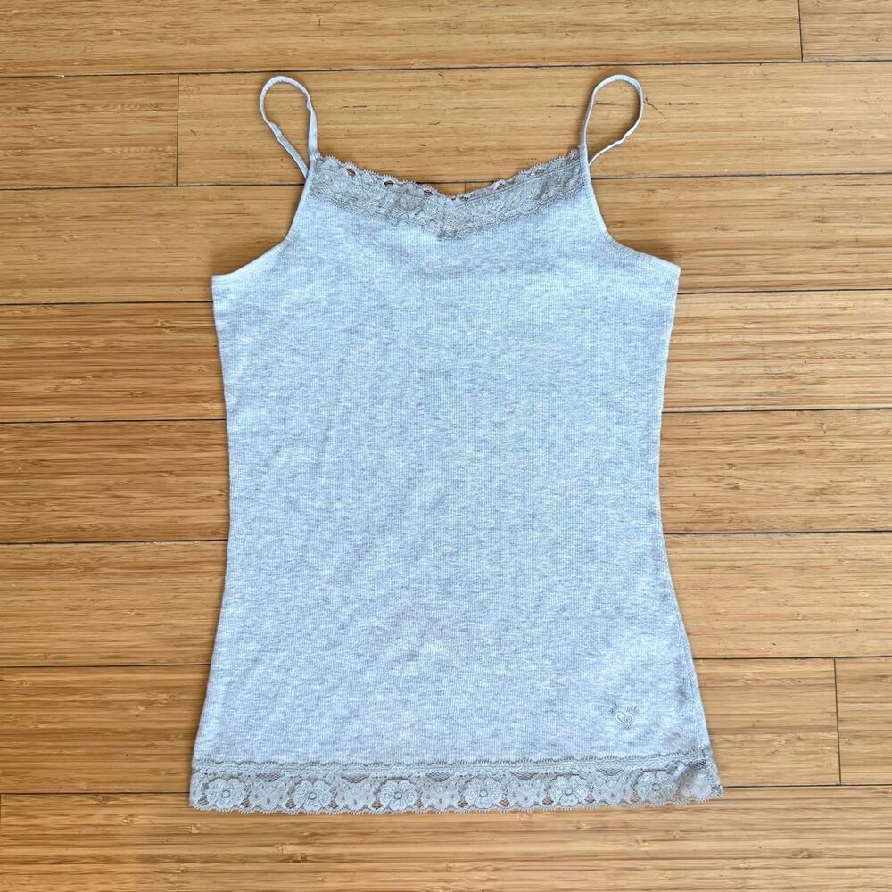 Justice Y2K Gray Lace Trim Cami Tank Top Size 16 Adjustable Spaghetti Straps